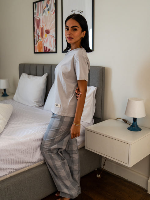 Women summer pajama set Grey Tee + Light Grey X Grey Glen Plaid Pants